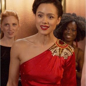 Temperley London Scarlet One Shoulder Dress with Gold Detail